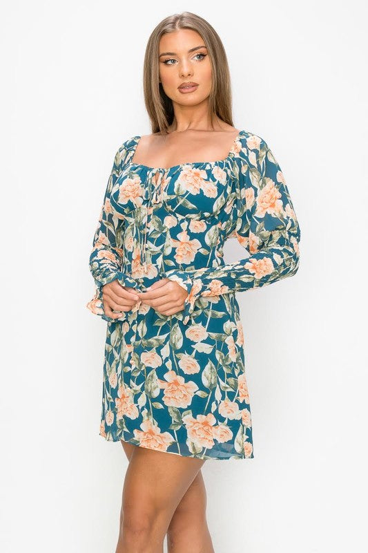 Flower child smocked sleeve dress