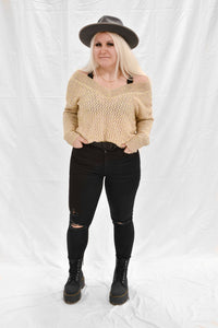 Model wearing women's tan/multicolored V-neck knit sweater.